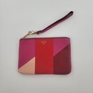 Fossil Colorblock Wristlet Pouch Clutch Red Pink Burgundy Leather Tone